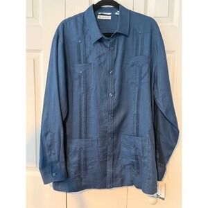 Cubavera NWT Guayabera Shirt L 100% Linen Long Sleeve 4-Pocket Ensign Blue